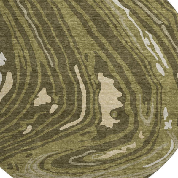 HomeRoots 8' Olive Green Abstract Washable Round Rug with UV Protection, Modern Style, and Stain Resistance 682442