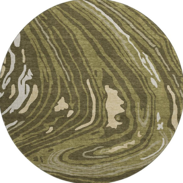 HomeRoots 8' Olive Green Abstract Washable Round Rug with UV Protection, Modern Style, and Stain Resistance 682442