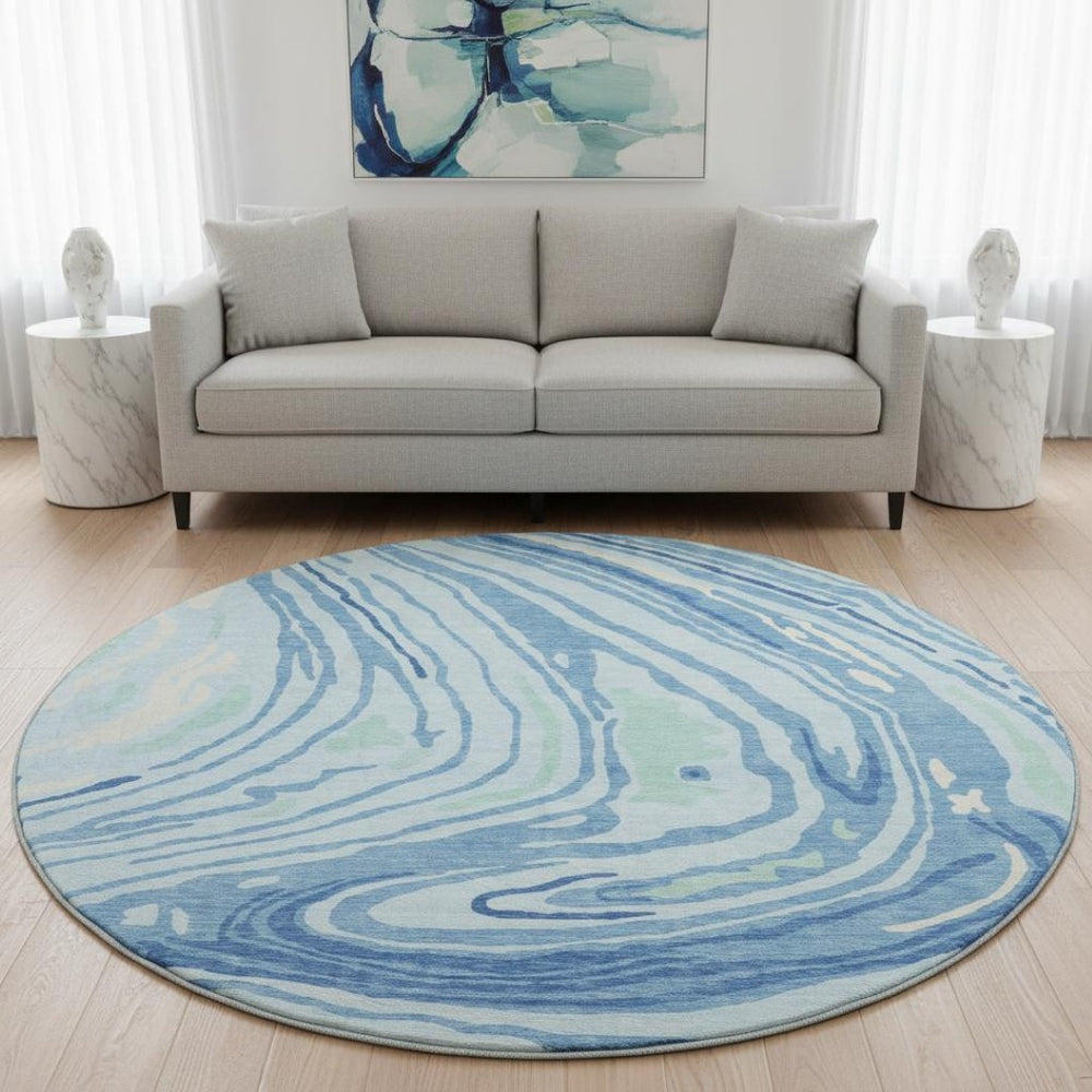 HomeRoots 8' Sky Blue Ivory and Sage Abstract Washable Round Rug - Durable, Stain Resistant with UV Protection! 682448