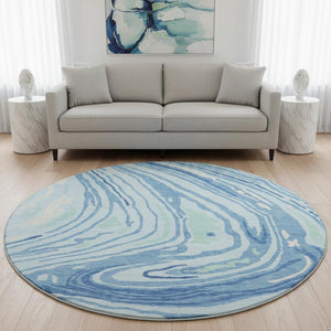 HomeRoots 8' Sky Blue Ivory and Sage Abstract Washable Round Rug - Durable, Stain Resistant with UV Protection! 682448