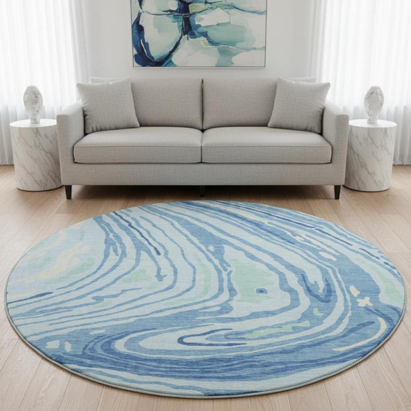 HomeRoots 8' Sky Blue Ivory and Sage Abstract Washable Round Rug - Durable, Stain Resistant with UV Protection! 682448