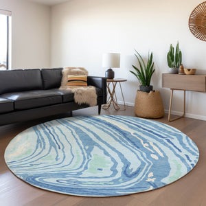 HomeRoots 8' Sky Blue Ivory and Sage Abstract Washable Round Rug - Durable, Stain Resistant with UV Protection! 682448