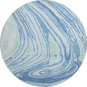 HomeRoots 8' Sky Blue Ivory and Sage Abstract Washable Round Rug - Durable, Stain Resistant with UV Protection! 682448