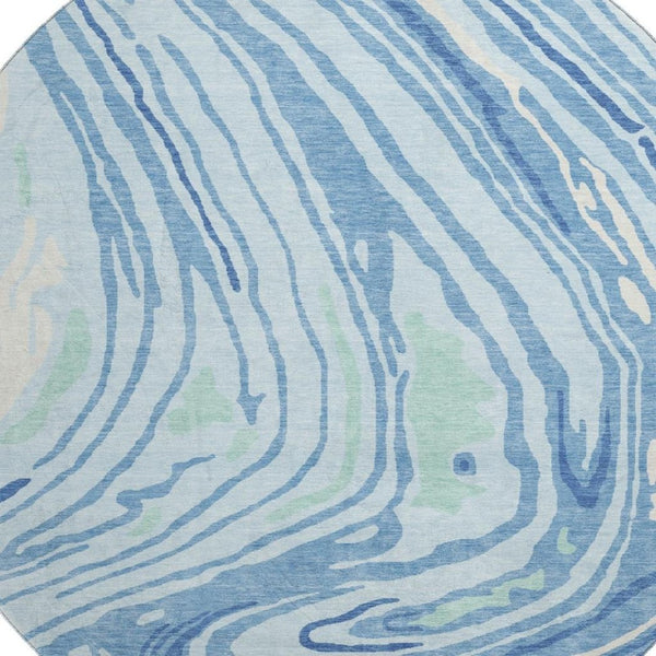 HomeRoots 8' Sky Blue Ivory and Sage Abstract Washable Round Rug - Durable, Stain Resistant with UV Protection! 682448