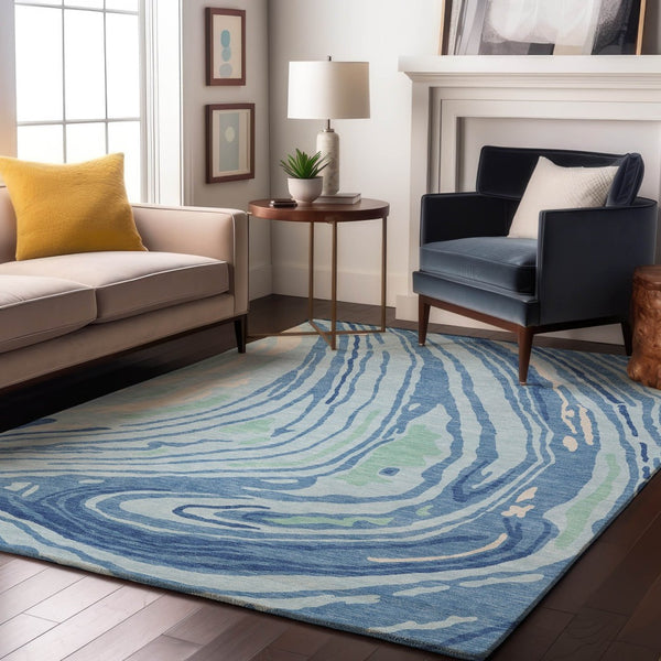 HomeRoots 9' X 12' Sky Blue, Ivory & Sage Abstract Washable Area Rug – Stylish, Durable, UV-Resistant Design! 682450