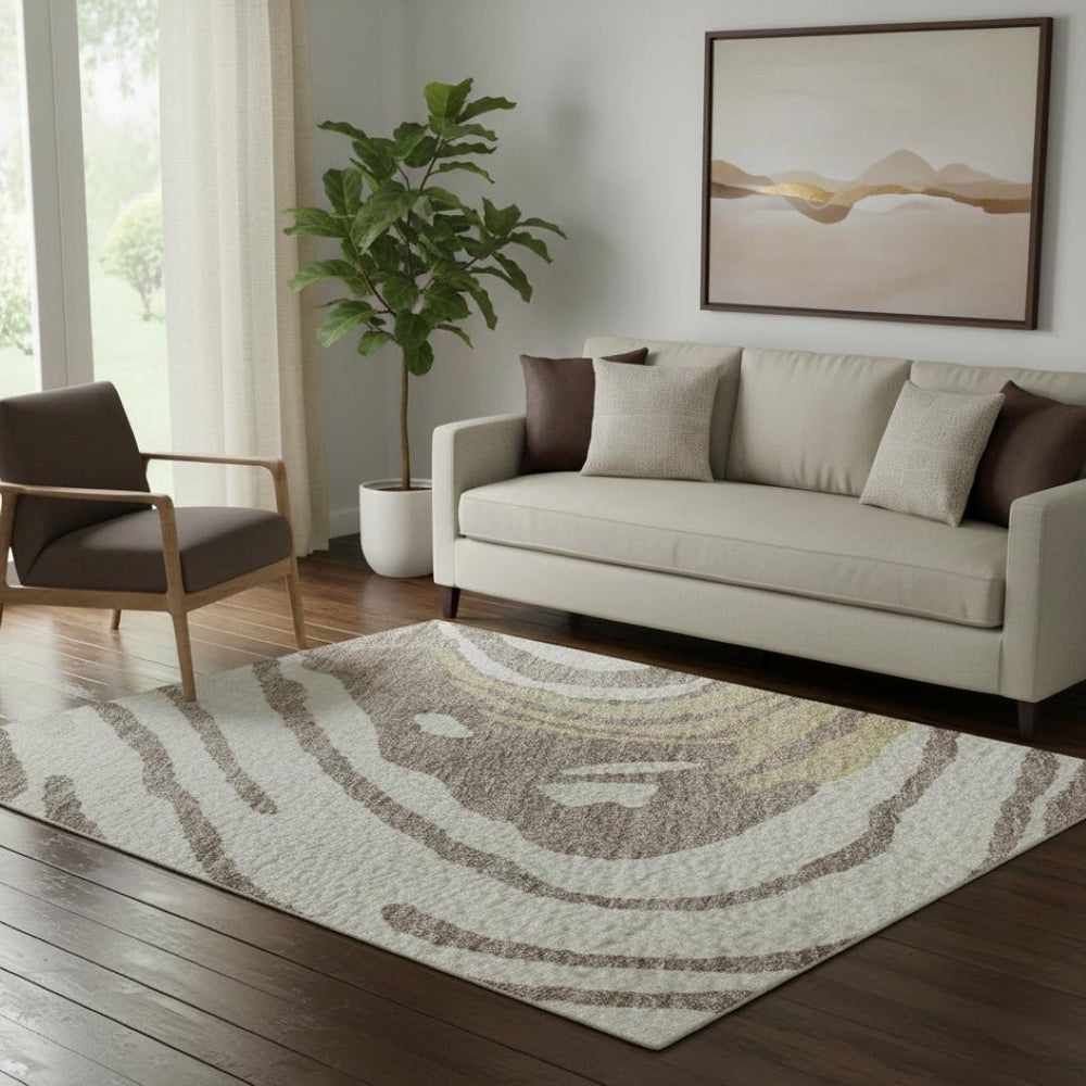 HomeRoots 5' X 8' Washable Area Rug in Taupe, Ivory & Gold - Stylish Abstract Design with UV Protection 682453