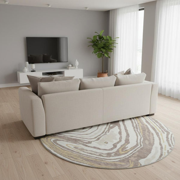 HomeRoots 8' Washable Round Rug in Taupe, Ivory & Gold – UV Protected, Stain Resistant, Perfect for Family Spaces 682454