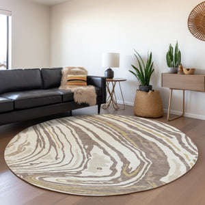 HomeRoots 8' Washable Round Rug in Taupe, Ivory & Gold – UV Protected, Stain Resistant, Perfect for Family Spaces 682454