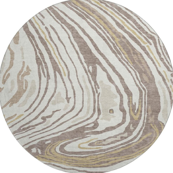 HomeRoots 8' Washable Round Rug in Taupe, Ivory & Gold – UV Protected, Stain Resistant, Perfect for Family Spaces 682454