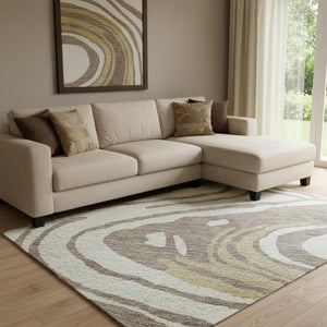 HomeRoots 8' X 10' Elegant Taupe Ivory Gold Abstract Washable Area Rug with UV Protection for High-Traffic Homes 682455