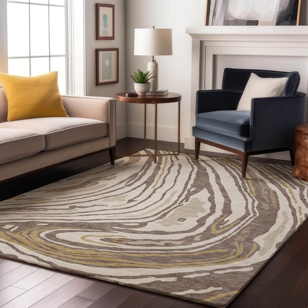 HomeRoots 9' X 12' Stylish Taupe Ivory Gold Abstract Area Rug - Washable, Stain Resistant & UV Protected! 682456