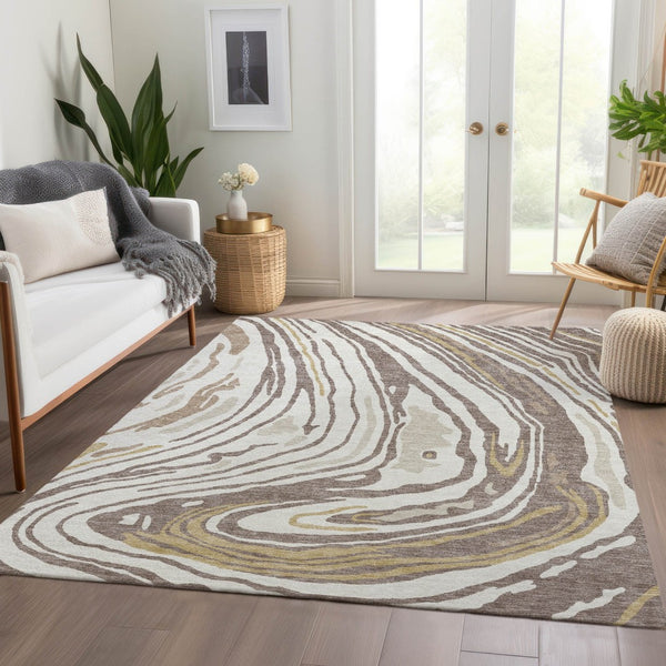 HomeRoots 9' X 12' Stylish Taupe Ivory Gold Abstract Area Rug - Washable, Stain Resistant & UV Protected! 682456