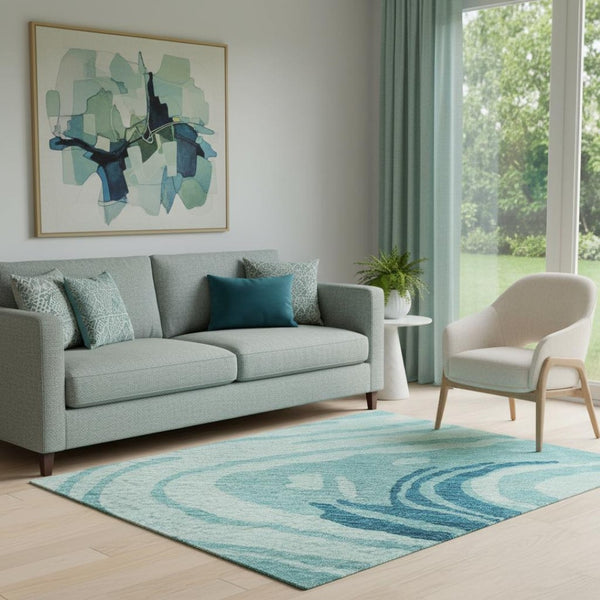 HomeRoots 5' X 8' Turquoise Gray Ivory Abstract Area Rug - Durable, Stain-Resistant, UV Protected for Homes 682459