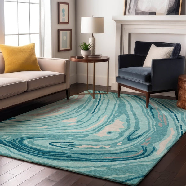 HomeRoots 5' X 8' Turquoise Gray Ivory Abstract Area Rug - Durable, Stain-Resistant, UV Protected for Homes 682459