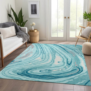 HomeRoots 5' X 8' Turquoise Gray Ivory Abstract Area Rug - Durable, Stain-Resistant, UV Protected for Homes 682459