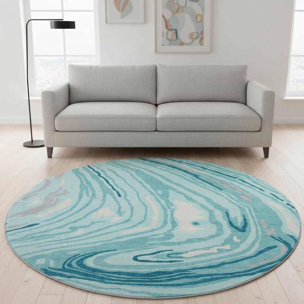 HomeRoots 8' Turquoise Gray Ivory Abstract Washable Round Rug – Durable, Stylish, UV Protected for Any Space! 682460