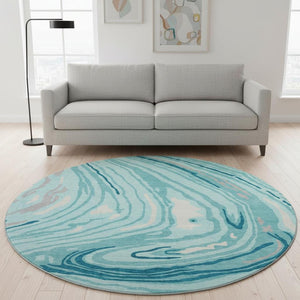 HomeRoots 8' Turquoise Gray Ivory Abstract Washable Round Rug – Durable, Stylish, UV Protected for Any Space! 682460
