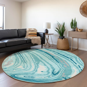 HomeRoots 8' Turquoise Gray Ivory Abstract Washable Round Rug – Durable, Stylish, UV Protected for Any Space! 682460