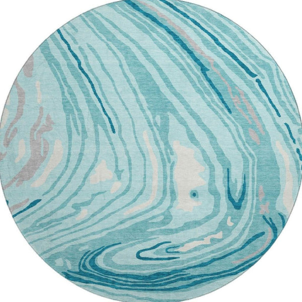HomeRoots 8' Turquoise Gray Ivory Abstract Washable Round Rug – Durable, Stylish, UV Protected for Any Space! 682460