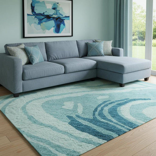 HomeRoots 8' X 10' Washable Abstract Area Rug in Turquoise, Gray & Ivory – UV Protection for High-Traffic Spaces 682461