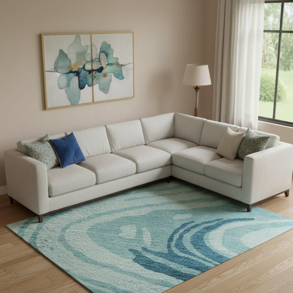 HomeRoots 9' X 12' Turquoise Gray Ivory Abstract Area Rug - Washable, UV Protected, Stylish & Durable Design 682462