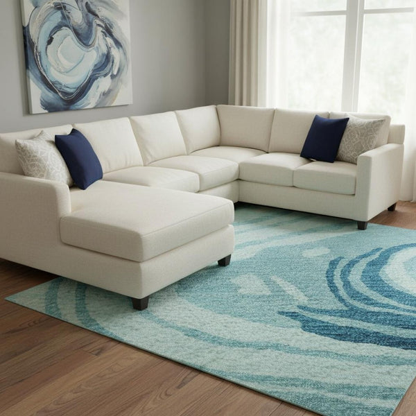 HomeRoots 10' X 14' Contemporary Turquoise Gray Ivory Washable Area Rug - Durable, UV Protected & Stylish 682463
