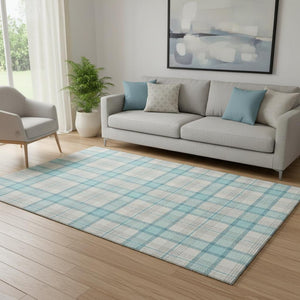 HomeRoots 5' X 8' Aqua Ivory Gray Plaid Area Rug - Stylish, Washable, UV-Resistant for High-Traffic Spaces 682465