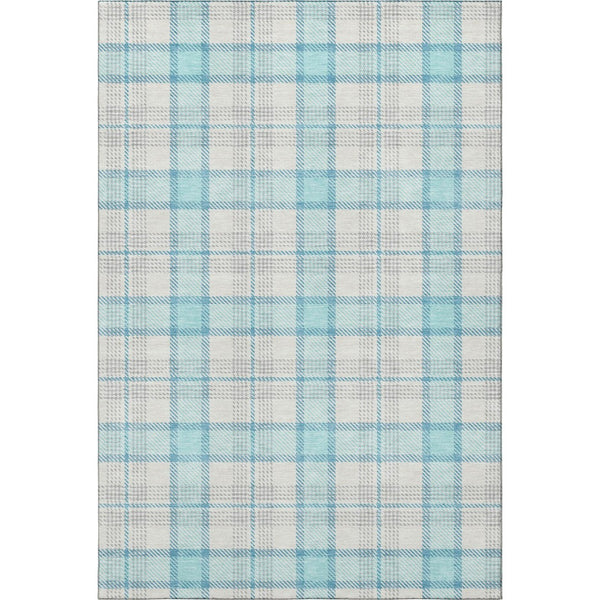 HomeRoots 5' X 8' Aqua Ivory Gray Plaid Area Rug - Stylish, Washable, UV-Resistant for High-Traffic Spaces 682465