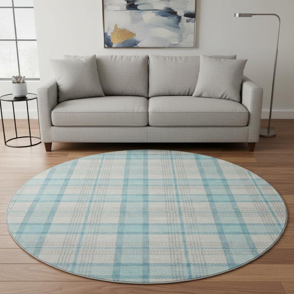 HomeRoots 8' Aqua Ivory and Gray Plaid Round Rug – Washable, UV Protected, Ideal for Kids and Pets’ Spaces! 682466