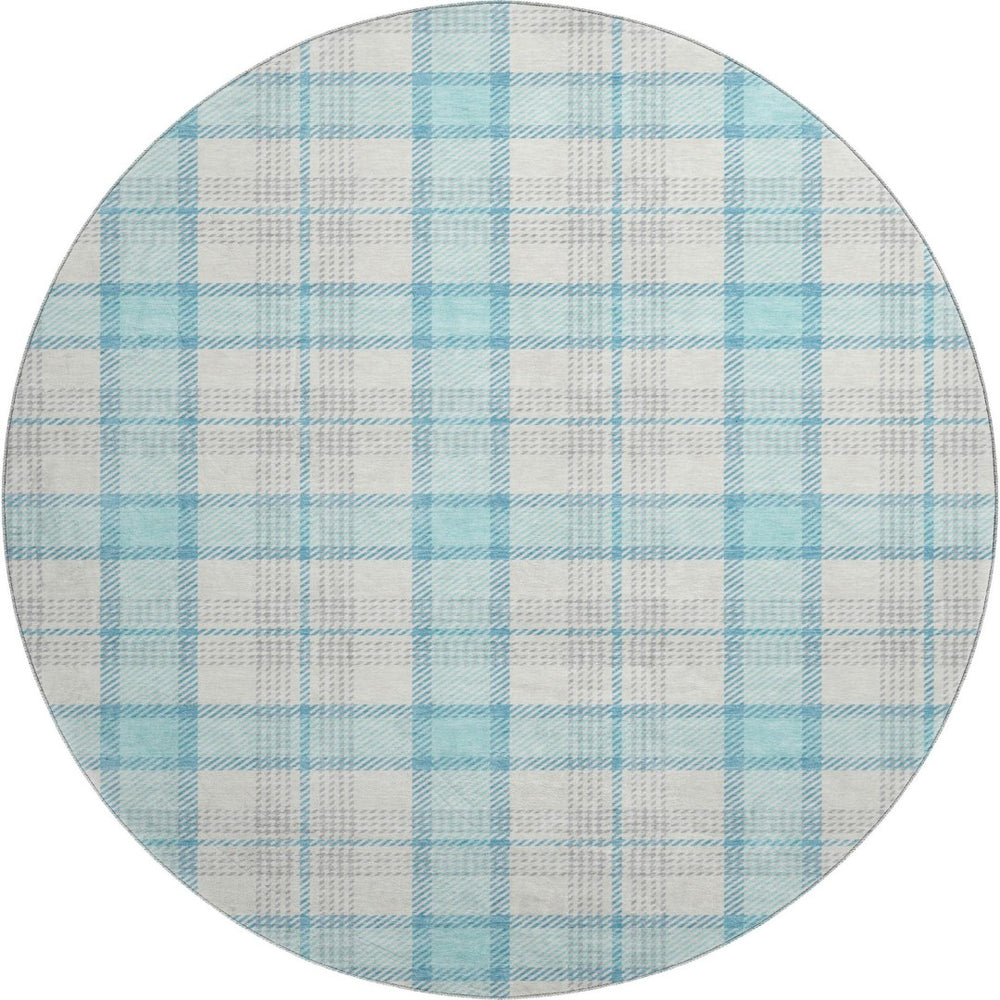 HomeRoots 8' Aqua Ivory and Gray Plaid Round Rug – Washable, UV Protected, Ideal for Kids and Pets’ Spaces! 682466