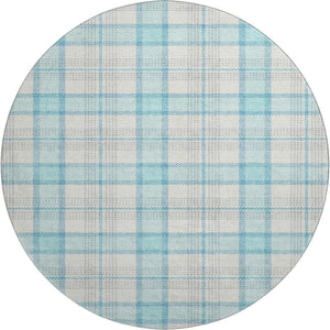 HomeRoots 8' Aqua Ivory and Gray Plaid Round Rug – Washable, UV Protected, Ideal for Kids and Pets’ Spaces! 682466