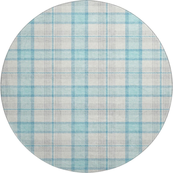 HomeRoots 8' Aqua Ivory and Gray Plaid Round Rug – Washable, UV Protected, Ideal for Kids and Pets’ Spaces! 682466