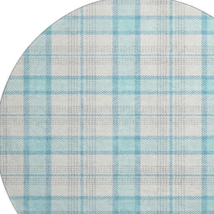HomeRoots 8' Aqua Ivory and Gray Plaid Round Rug – Washable, UV Protected, Ideal for Kids and Pets’ Spaces! 682466