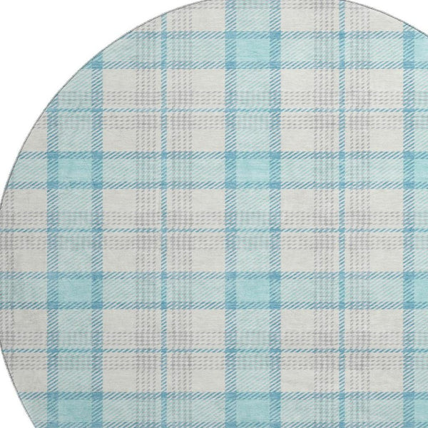 HomeRoots 8' Aqua Ivory and Gray Plaid Round Rug – Washable, UV Protected, Ideal for Kids and Pets’ Spaces! 682466