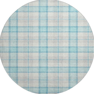 HomeRoots 8' Aqua Ivory and Gray Plaid Round Rug – Washable, UV Protected, Ideal for Kids and Pets’ Spaces! 682466