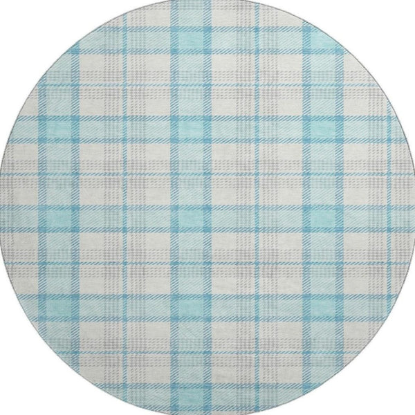 HomeRoots 8' Aqua Ivory and Gray Plaid Round Rug – Washable, UV Protected, Ideal for Kids and Pets’ Spaces! 682466