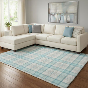 HomeRoots 8' X 10' Aqua, Ivory & Gray Plaid Washable Area Rug – Stain-Resistant, UV Protected & Stylish Decor Solution 682467