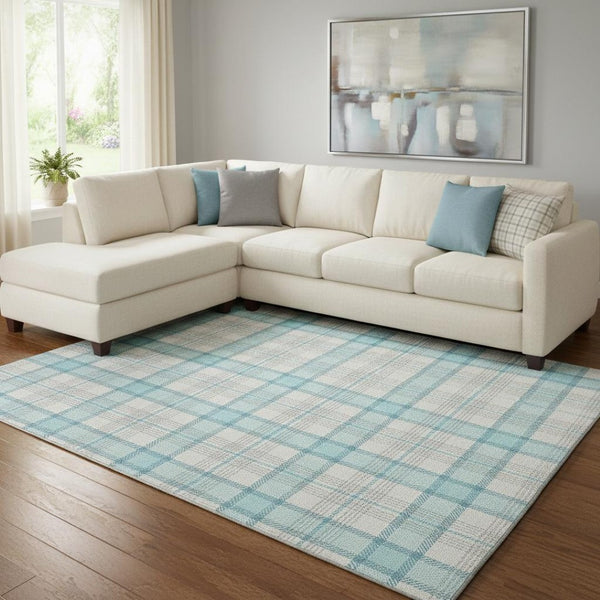 HomeRoots 8' X 10' Aqua, Ivory & Gray Plaid Washable Area Rug – Stain-Resistant, UV Protected & Stylish Decor Solution 682467