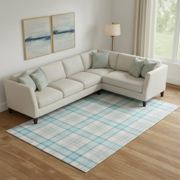 HomeRoots 9' X 12' Aqua, Ivory & Gray Plaid Washable Area Rug - Durable, Soft, UV-Protected for Busy Homes 682468