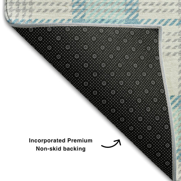HomeRoots 9' X 12' Aqua, Ivory & Gray Plaid Washable Area Rug - Durable, Soft, UV-Protected for Busy Homes 682468