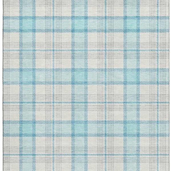 HomeRoots 9' X 12' Aqua, Ivory & Gray Plaid Washable Area Rug - Durable, Soft, UV-Protected for Busy Homes 682468