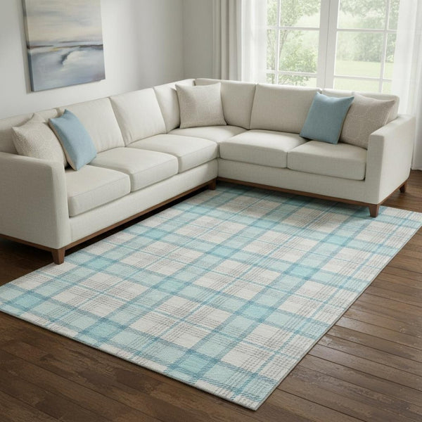 HomeRoots 10' Aqua, Ivory & Gray Plaid Washable Area Rug - UV Protected, Stain Resistant, Perfect for Families! 682469