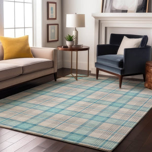 HomeRoots 10' Aqua, Ivory & Gray Plaid Washable Area Rug - UV Protected, Stain Resistant, Perfect for Families! 682469