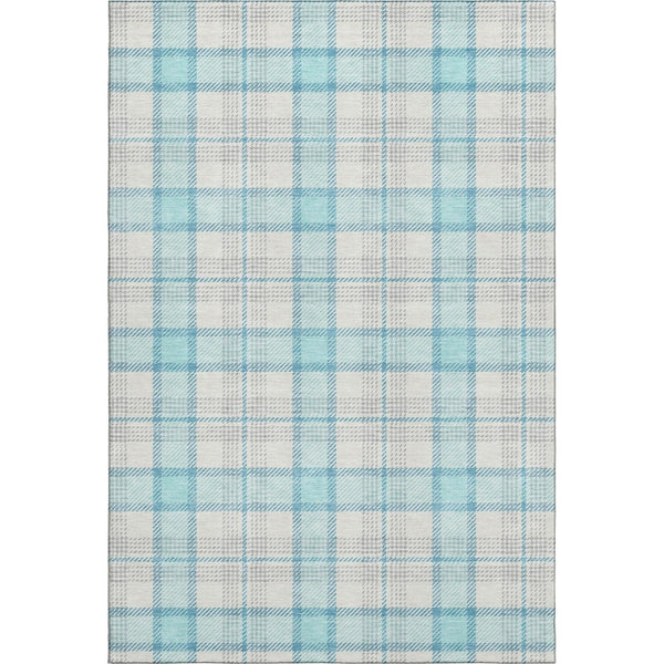 HomeRoots 10' Aqua, Ivory & Gray Plaid Washable Area Rug - UV Protected, Stain Resistant, Perfect for Families! 682469