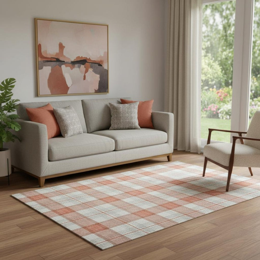 HomeRoots 5' X 8' Coral Ivory Gray Plaid Area Rug - Washable, UV-Protected, Durable & Stylish for Any Room 682471