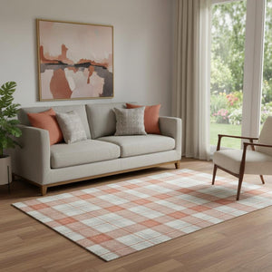 HomeRoots 5' X 8' Coral Ivory Gray Plaid Area Rug - Washable, UV-Protected, Durable & Stylish for Any Room 682471