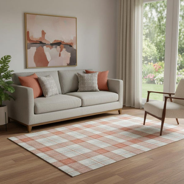 HomeRoots 5' X 8' Coral Ivory Gray Plaid Area Rug - Washable, UV-Protected, Durable & Stylish for Any Room 682471