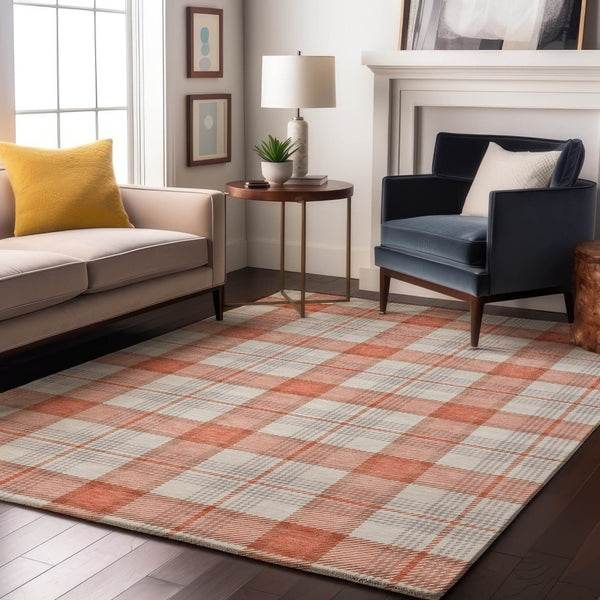 HomeRoots 5' X 8' Coral Ivory Gray Plaid Area Rug - Washable, UV-Protected, Durable & Stylish for Any Room 682471