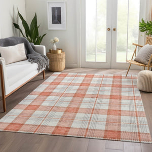HomeRoots 5' X 8' Coral Ivory Gray Plaid Area Rug - Washable, UV-Protected, Durable & Stylish for Any Room 682471