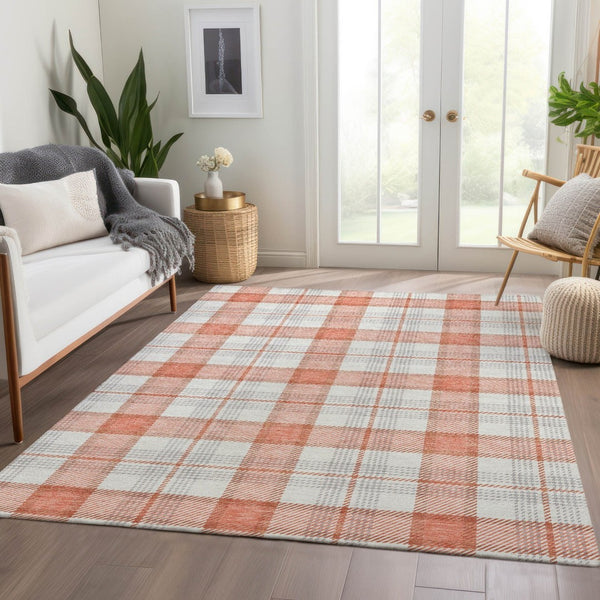 HomeRoots 5' X 8' Coral Ivory Gray Plaid Area Rug - Washable, UV-Protected, Durable & Stylish for Any Room 682471